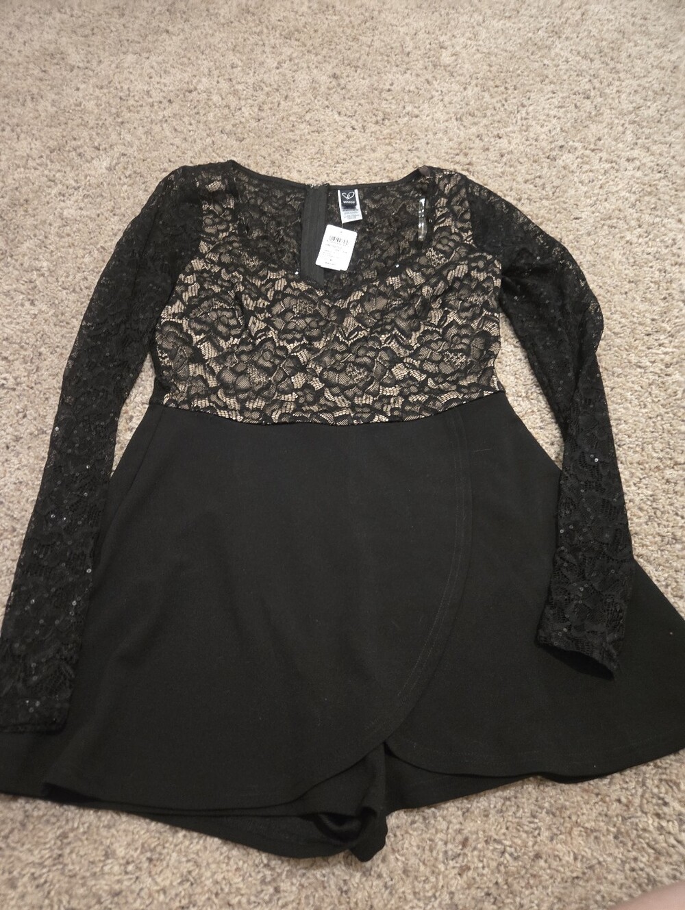 Black Lace-Overlay Women’s Romper with Long Sleeves